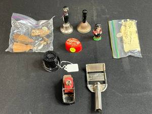 lot 133 image: Assorted Vintage Collectibles Lot with Magic Hat, Bells, Mini Plane, and Figurines