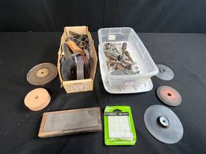 lot 170 image: Lot of Assorted Grinder Wheels, Sharpening Stone, Hardware and Vinyl Bumpers