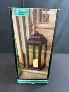 lot 79 image: 16 in Decorative Solar Outdoor Lantern with Flameless Candle