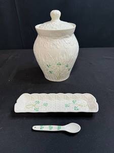 lot 88 image: Belleek Ireland Shamrock Pattern Porcelain Canister Set with Tray and Spoon