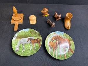 lot 96 image: Collection of Kaiser W. Germany Horse Plates, Ceramic Dog Figurines, and Wooden Kitchenware