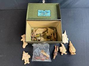 lot 103 image: Box of Vintage Wooden Carved Figurines and Shapes Assortment