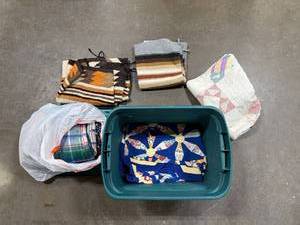 lot 110 image: Collection of Quilts and Southwestern Throw Blankets in Storage Tote