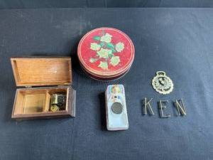 lot 117 image: Vintage Trinket and Decor Collection with Metal Letters, Tin, Music Box, and Figurine