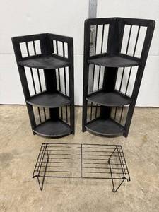 lot 118 image: Pair of 3-Tier Corner Wood Shelf Units with Metal Shoe Rack