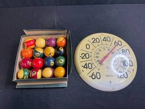 lot 164 image: Boxed Set of Billiard Balls and Springfield Wall Thermometer Face