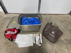 lot 165 image: Storage Bin Lot with Chains, Clotheslines, Tarp, Bags, and Organizer Pouches