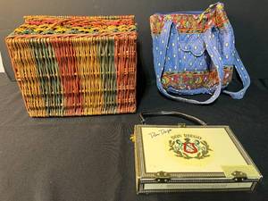 lot 177 image: Collection of 3 Handbags and Storage Items - Autographed Don Diego Cigar Box, Woven Basket, Vera Bradley Quilted Purse