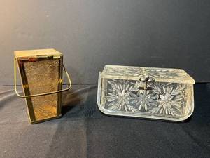 lot 187 image: Vintage Clear Carved Lucite Purse and Decorative Gold Tone Boxy Purse w Top Handle