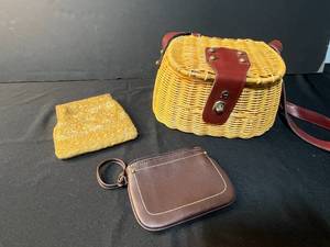 lot 188 image: Collection of 3 Vintage Purses Etienne Aigner Handmade Wicker, Hillard & Hanson Beaded, Brown Leather Pouch