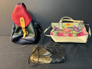 lot 191 image: Collection of 3 Handbags Relic Floral Bag, La Tour Eiffel Colorblock Backpack, and Metallic Mesh Purse