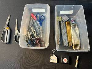lot 205 image: Collection of Scissors, Folding Rulers, and Measuring Tools