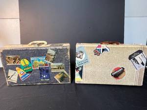 lot 217 image: Pair of Vintage Suitcases with Travel Stickers and Velvet Lining
