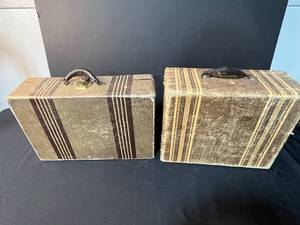 lot 218 image: Pair of Vintage Patterned Suitcases with Leather Handles