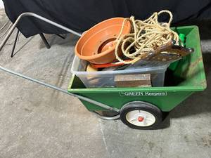 lot 223 image: Green Keepers Garden Cart with Tools, Rope, Planters, and String Lights