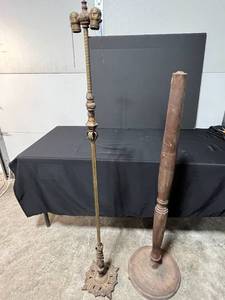 lot 224 image: Antique Floor Lamp Parts with Ornate Base and Wooden Stand
