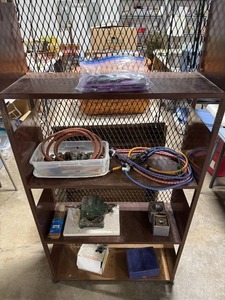 lot 227 image: Metal Industrial Shelving Unit with Mesh Sides, 65x30x11 Inches5 Shelves & Mixed Workshop Lot with Pliers Sets, Hand Tools, Bungee Cords and Grinder
