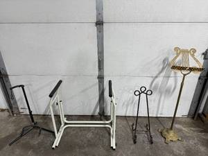 lot 245 image: Collection of 4 Music Instrument and Display Stands Including Brass Lyre Music Stand