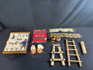 lot 252 image: Lot of Native American and Folk Art Miniatures with Beaded Boots, Ladders, and Textiles