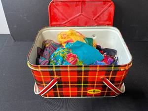 lot 256 image: Hot Mon Plaid Picnic Tin with Vintage Scarves, Doilies, and Sewing Accessories