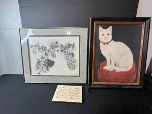 lot 256A image: Lot of Cat Themed Artwork & Puzzle - Inc White Cat Oil from Shelburne Vermont Museum and Lmt Ed Cat Collage Signed Print