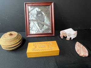 lot 259 image: Decorative Lot Framed Owl Art, Carved Wood Box, Stone Bison & Arrow Figures, Woven Basket with Lid
