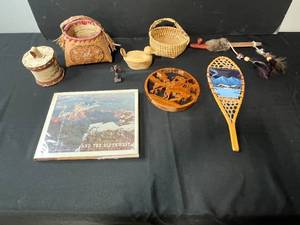 lot 260 image: Native American Collectibles and Folk Art Lot with Baskets, Pipe, and Decor