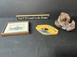 lot 262 image: Home Decor Collection with Signed & Numbered Framed Art, Carved Angel, Hand-Painted Wood Piece, and Sign