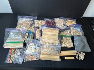 lot 265 image: Large Mixed Lot of Wooden Game Pieces, Letters, Tokens, and Craft Supplies