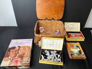 lot 269 image: Vintage Peterboro Picnic Basket with Board Games, Cards, and Collectibles