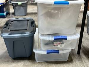 lot 283 image: Set of 3 Clear Sterilite Storage Totes and 1 Blue Rubbermaid Tote