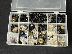 lot 287 image: Collection of Vintage Glass and Black Buttons in Organizer Case