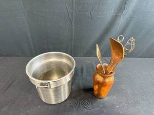 lot 290 image: Metal Cooking Pot and Utensil Set with Ceramic Holder