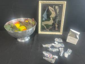 lot 305 image: VTG Framed Nude Art, Decorative Fruit Bowl, and Wind Chimes