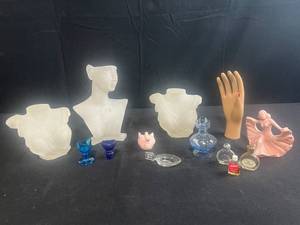 lot 308 image: California Pottery Pink Lady Dancer Figurine & Vintage Vanity Decor Display Collection Glass Busts Mini Perfume Bottles