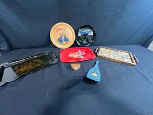 lot 309 image: Collection of Vintage Decorative Trays, Plates, and Heart Box Assortment