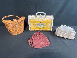 lot 311 image: Collection of 4 Vintage Handbags Including Tooled Leather and Wicker Purse