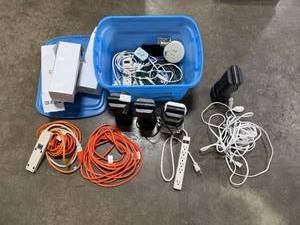 lot 317 image: Collection of Ott-Lite Desk Lamps, Extension Cords, and Power Strips