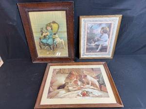 lot 326 image: Set of 3 Framed Vintage Prints Featuring Children and Animals