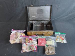 lot 327 image: Vintage Metal Sewing Box with Notions, Buttons, Thread, and Craft Supplies