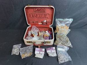 lot 328 image: Vintage Suitcase Filled with Craft Supplies and Mixed Hardware