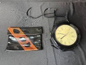 lot 343 image: Black Patent Purse Lot with Clock Design Shoulder Bag and Modern Clutch