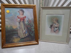 lot 57 image: These are vintage prints, with the larger one identified as Chums or A Lass With Her Kitten by English artist Jane Freeman.