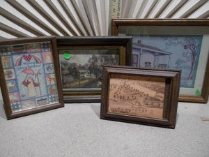 lot 59 image: The image displays a collection of assorted framed prints and folk art paintings