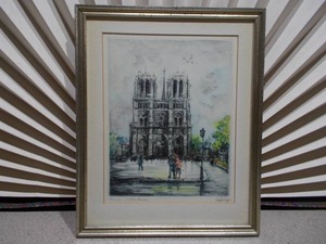 lot 70 image: This appears to be a vintage, one of the 1st etchings from hand-watercolored etching of the Notre Dame Cathedral in Paris,