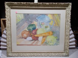 lot 136 image: This is an oil on canvas painting of a Still Life With Veggies Scene