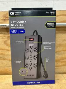 lot 110 image: Commercial Electric 6 FT Cord  12 Outlet Surge Protector