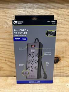 lot 146 image: Commercial Electric 6 ft. 12-Outlet Black Surge Protector with USB