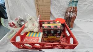 lot 7 image: Coca Cola Treasure Lot including crate, Stuffies, Tin, Bucket Tin wHandle