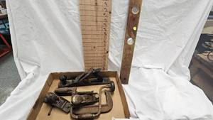lot 16 image: Vintage Level and PlanesClampHand Drill